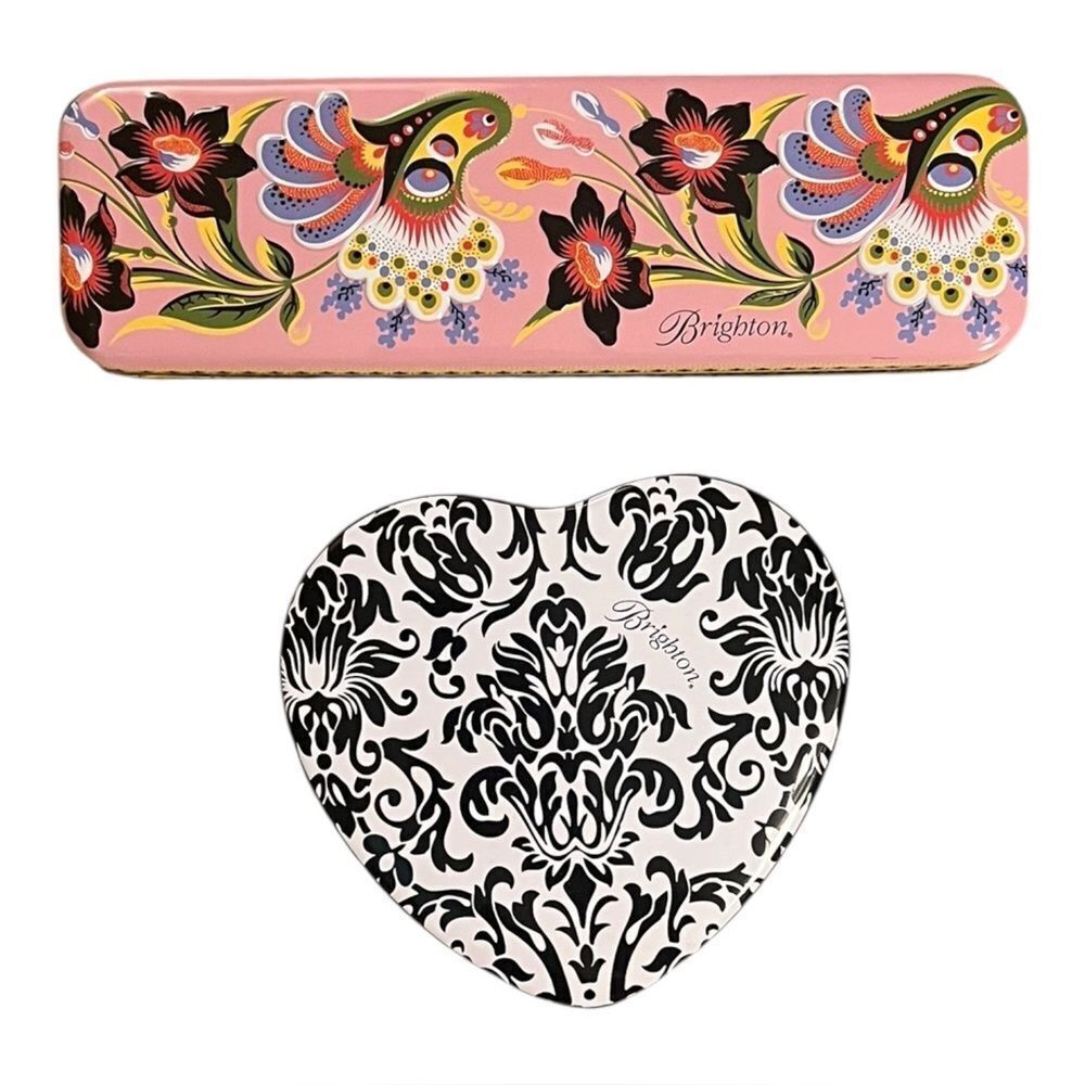 Brighton Lot of Two Jewelry Tins Pink Floral & Black & White Heart EUC